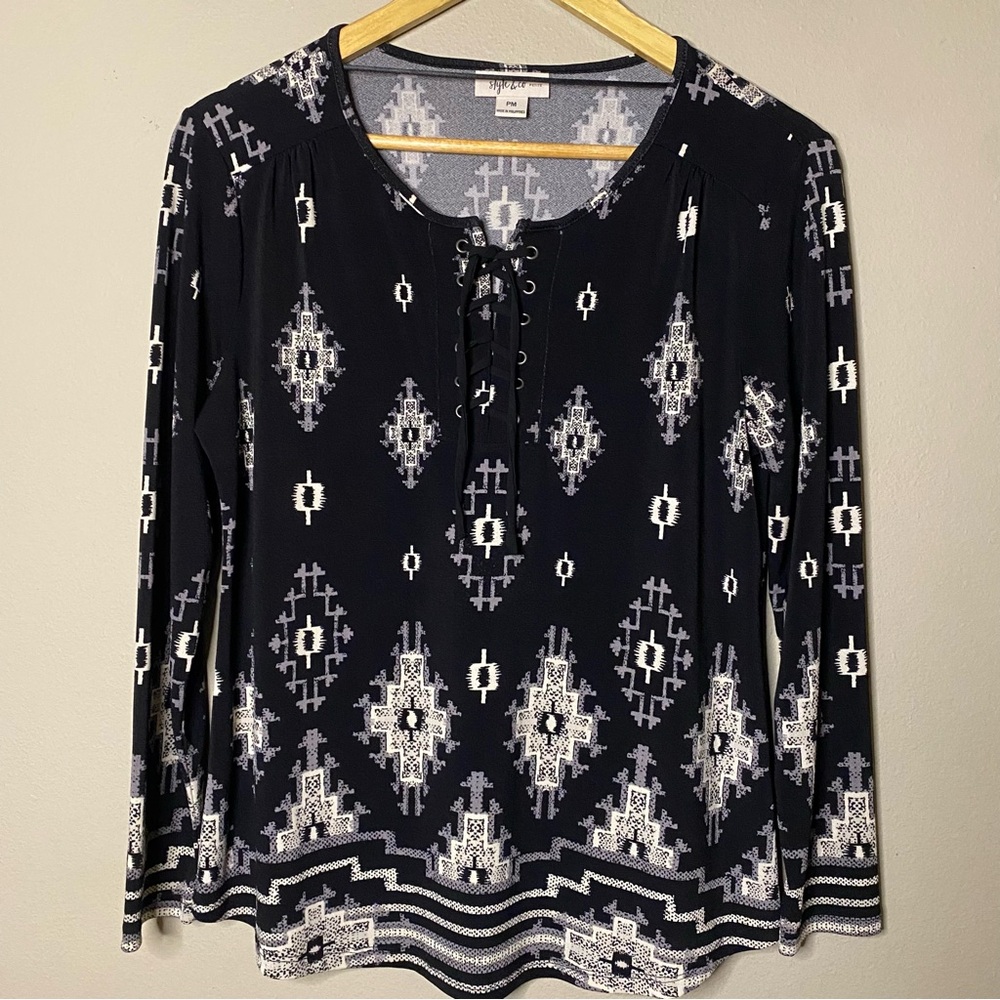 Style & Co Aztec Tribal Blouse Women PM Black Ivory Flowy Long Sleeve Casual